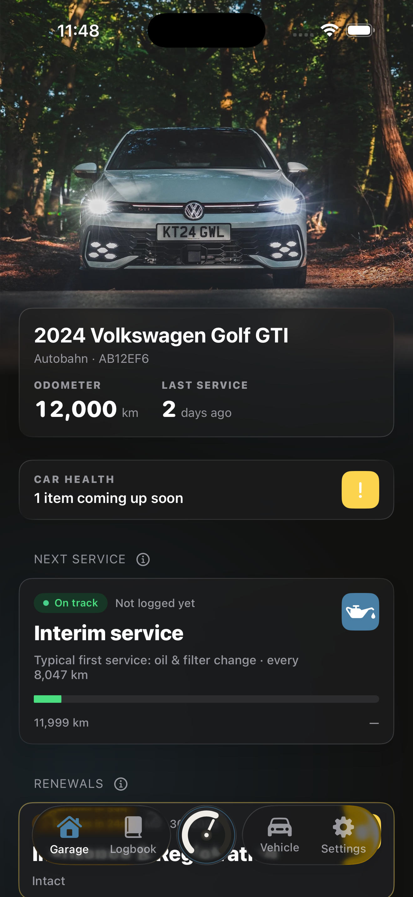 Caliper showing a 2024 Volkswagen Golf GTI with odometer, last service, and car health.