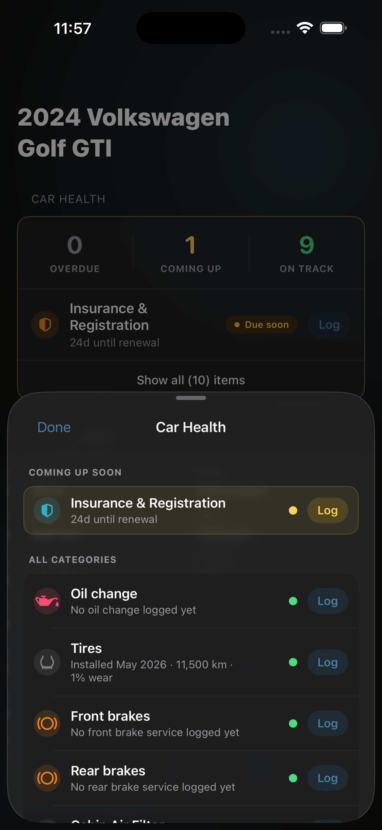 Car Health screen with 0 overdue, 1 coming up, and 9 on track items.