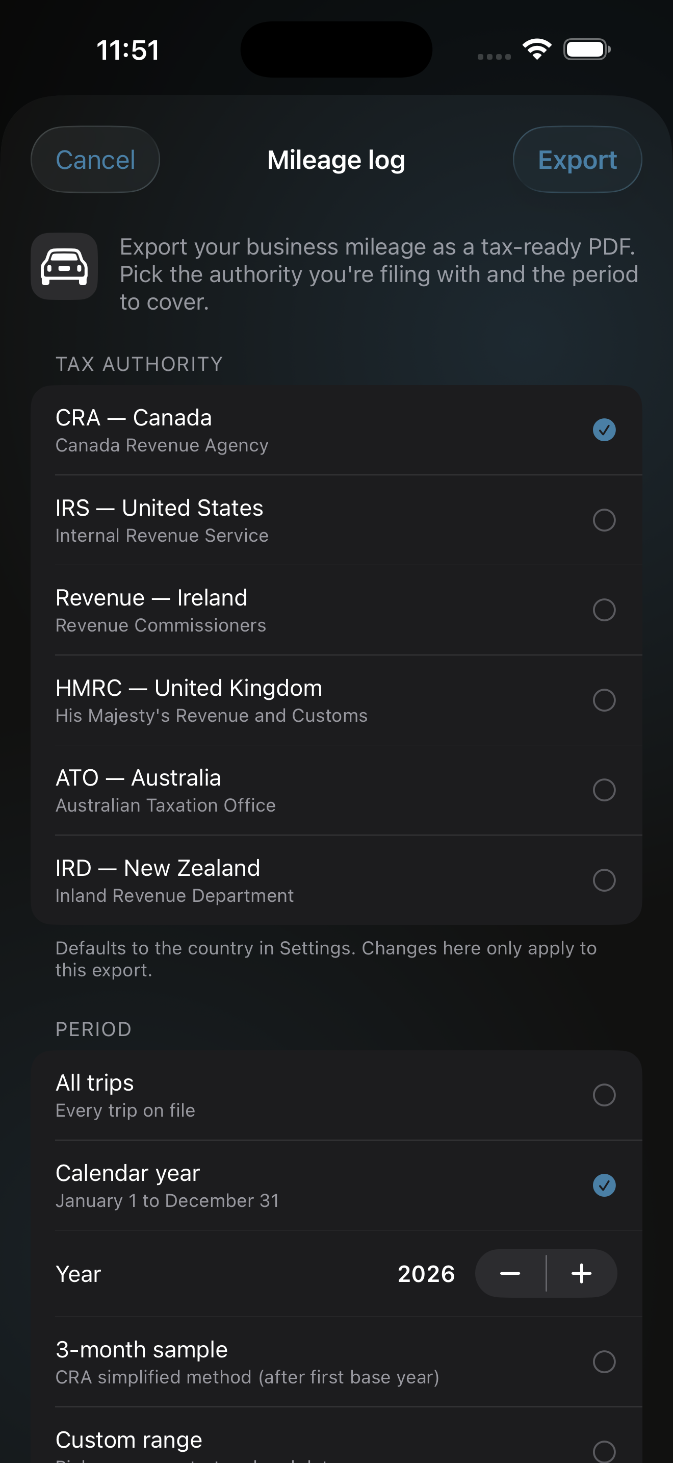 Mileage log export sheet with tax authority and period options.