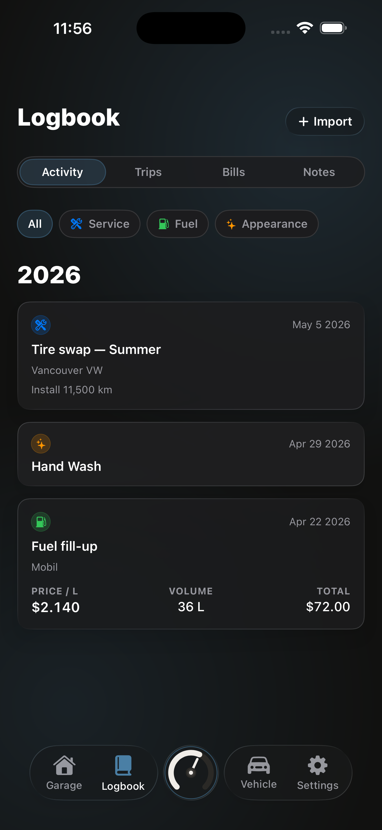 Logbook activity feed with tire swap, hand wash, and fuel fill-up entries.